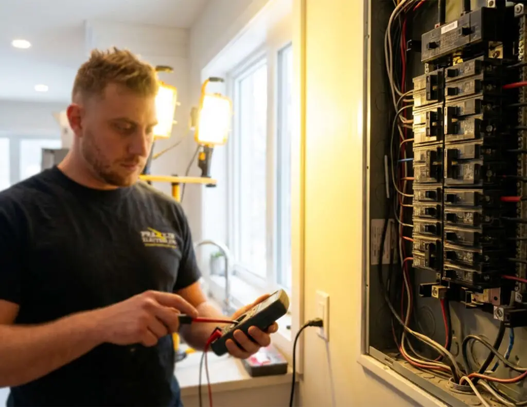 Phaze-In Electric Ltd. technician testing residential electrical panel with multimeter in Toronto home.